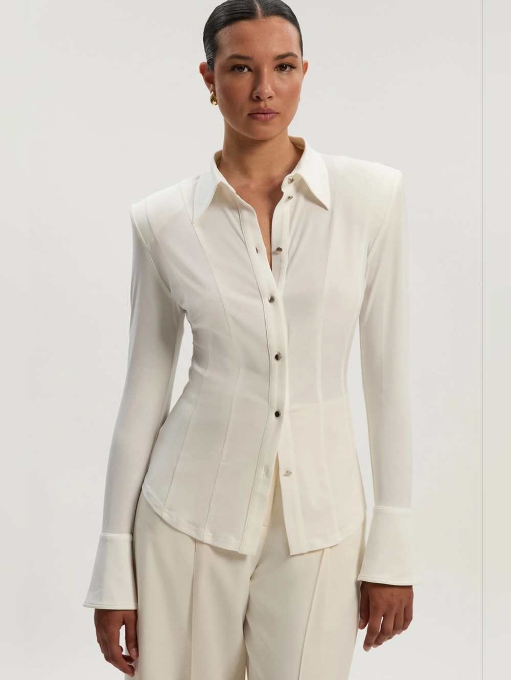 Karen Millen Power Shoulder Drapey Crepe Seam Details Shirt Size M